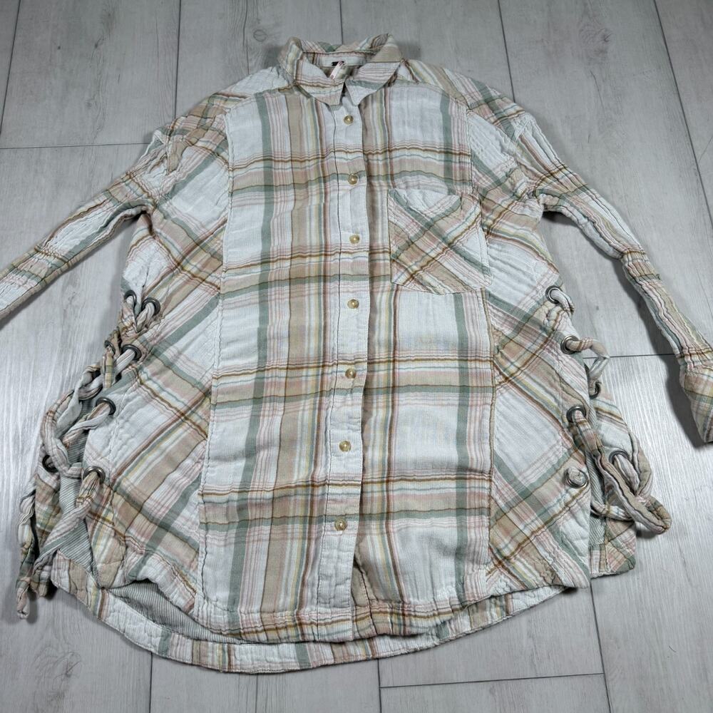 FREE PEOPLE Womens XS Nordic Day Top Shirt Lace Up Sides Flannel Boho Plaid